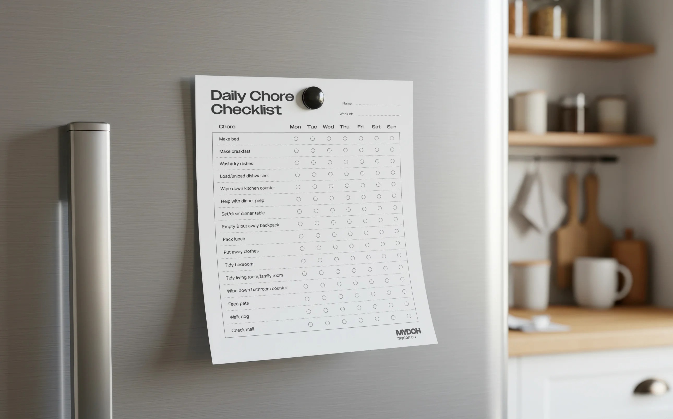 A printed daily Chore Chart checklist is held on a stainless steel refrigerator door with a magnet in a bright modern kitchen.